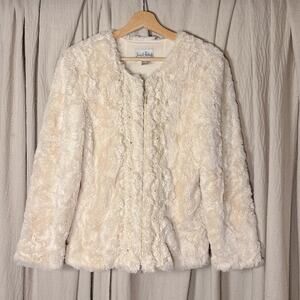 Joseph Ribkoff Cream Faux Fur Jacket Embroidered Rhinestone Zip 8
